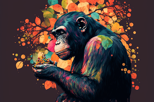 A chimpanzee looking at an apple in their hand