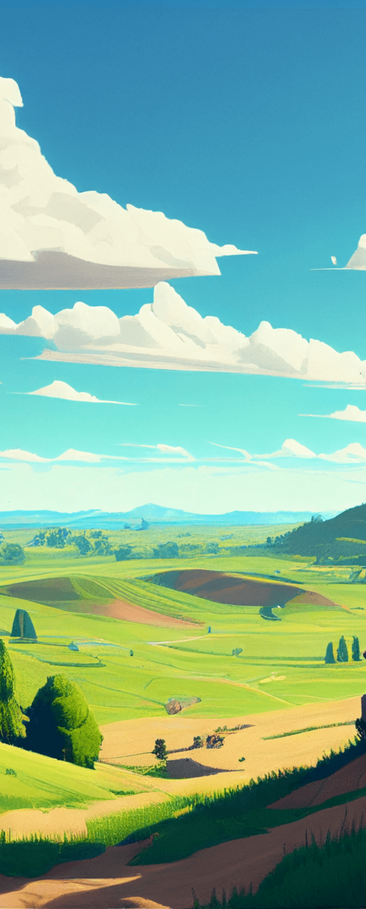 A sunny day with clear blue skies and green rolling hills