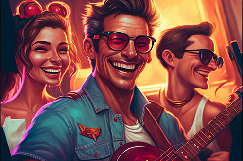 Happy man playing guitar among laughing friends